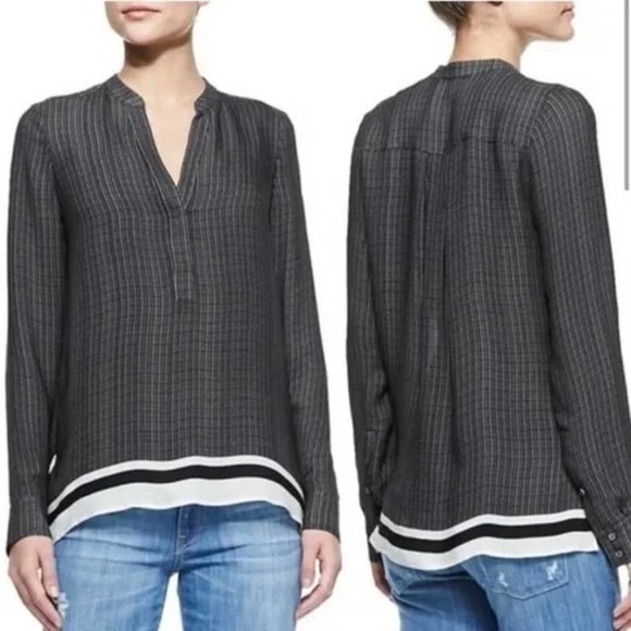 VINCE Black Cream Sheer Silk Georgette Long Sleeve Oversized Blouse Top XS Vneck - Picture 3 of 11